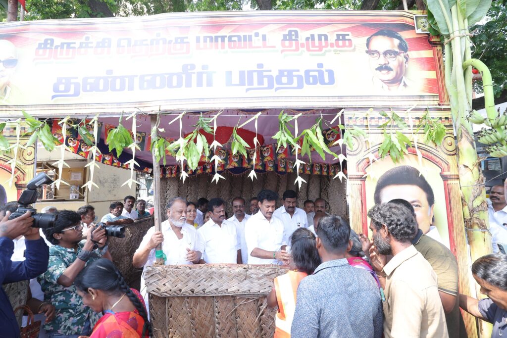 Minister Anbil Magesh's DMK Tiruchirappalli South District is setting up water booths across various locations to help quench the thirst of the public during the summer season.