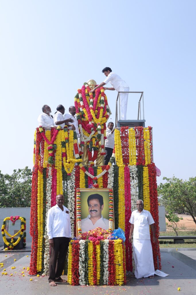 Anbil mahesh paid floral tribute to Thiru Ramajayam at Care COllege