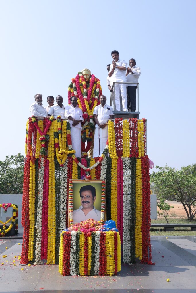 Anbil mahesh paid floral tribute to Thiru Ramajayam at Care COllege