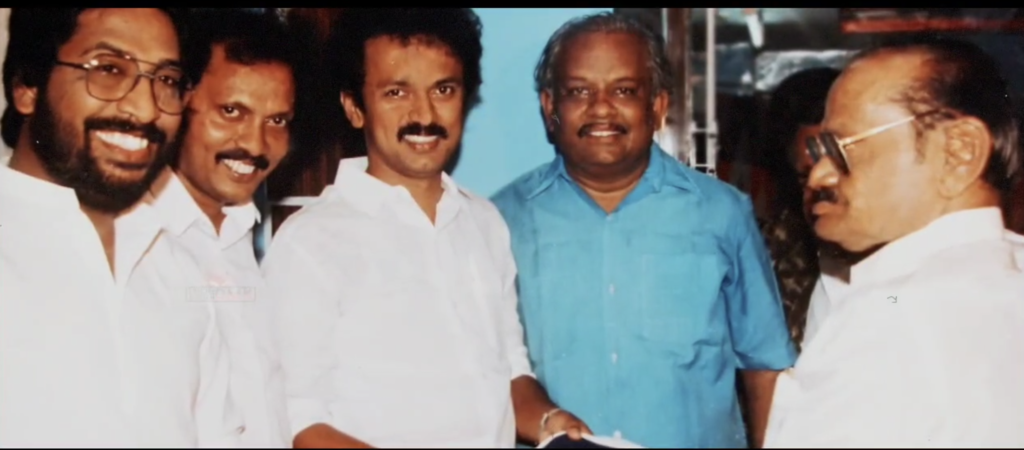அன்பில் பொய்யாமொழி, அன்பில் தர்மலிங்கம் மற்றும் மு.க.ஸ்டலின், திருச்சி சிவா ஒரு விழாவில்