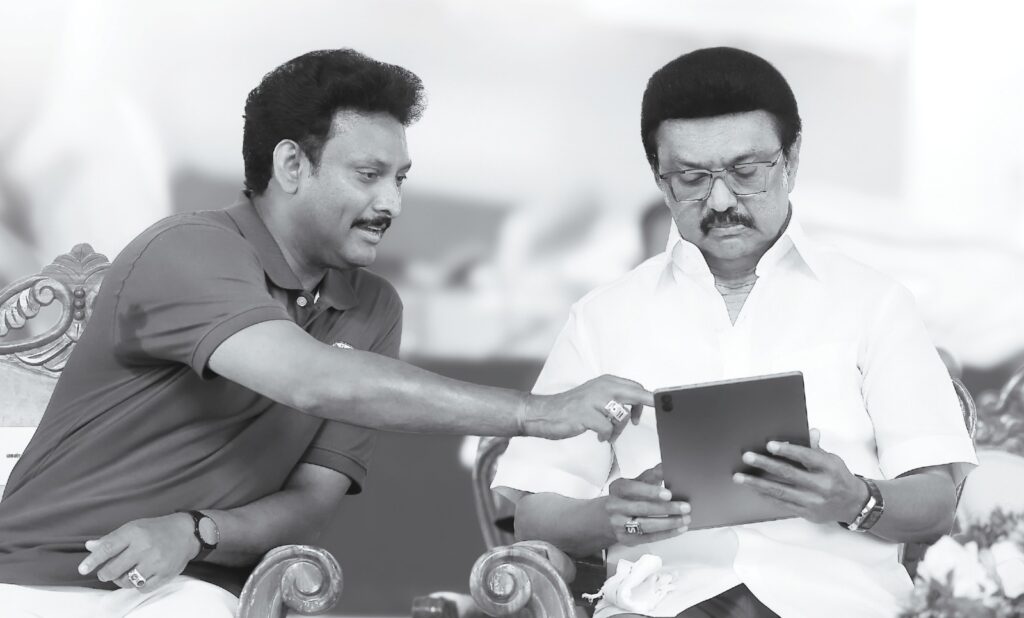Tamil Nadu chief minister M K Stalin seeing the new app introduced by the Department of School education under Minister Anbil Mahesh Poyyamozhi at PTA Conference.