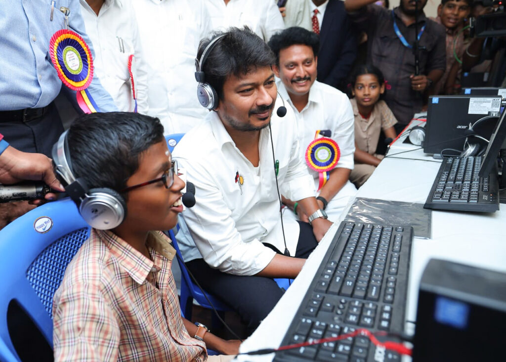 Anbil mahesh and Udhaynidhi Stalin visiting the language lab at a government school