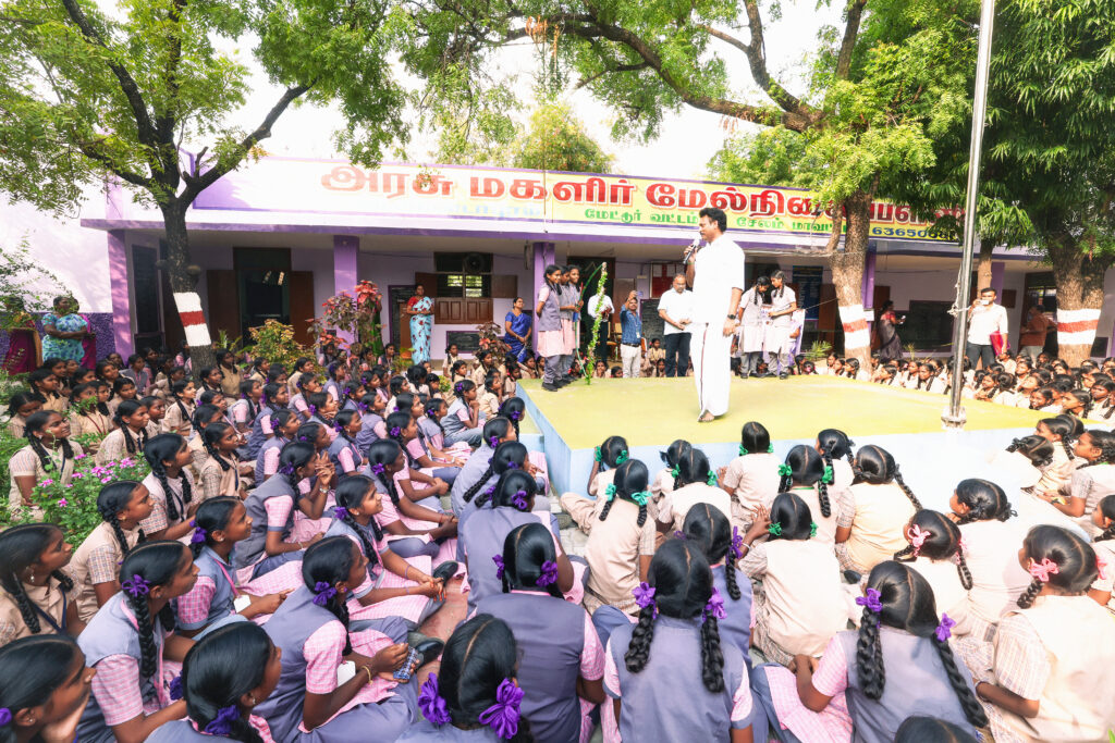 Anbil Mahesh Poyyamozhi addressing the girls school assembly
