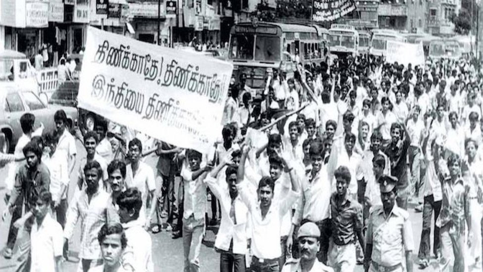Anti- Hindi agitation happened in 1965 in Tamil nadu, organised by DMK against Central Congress Government