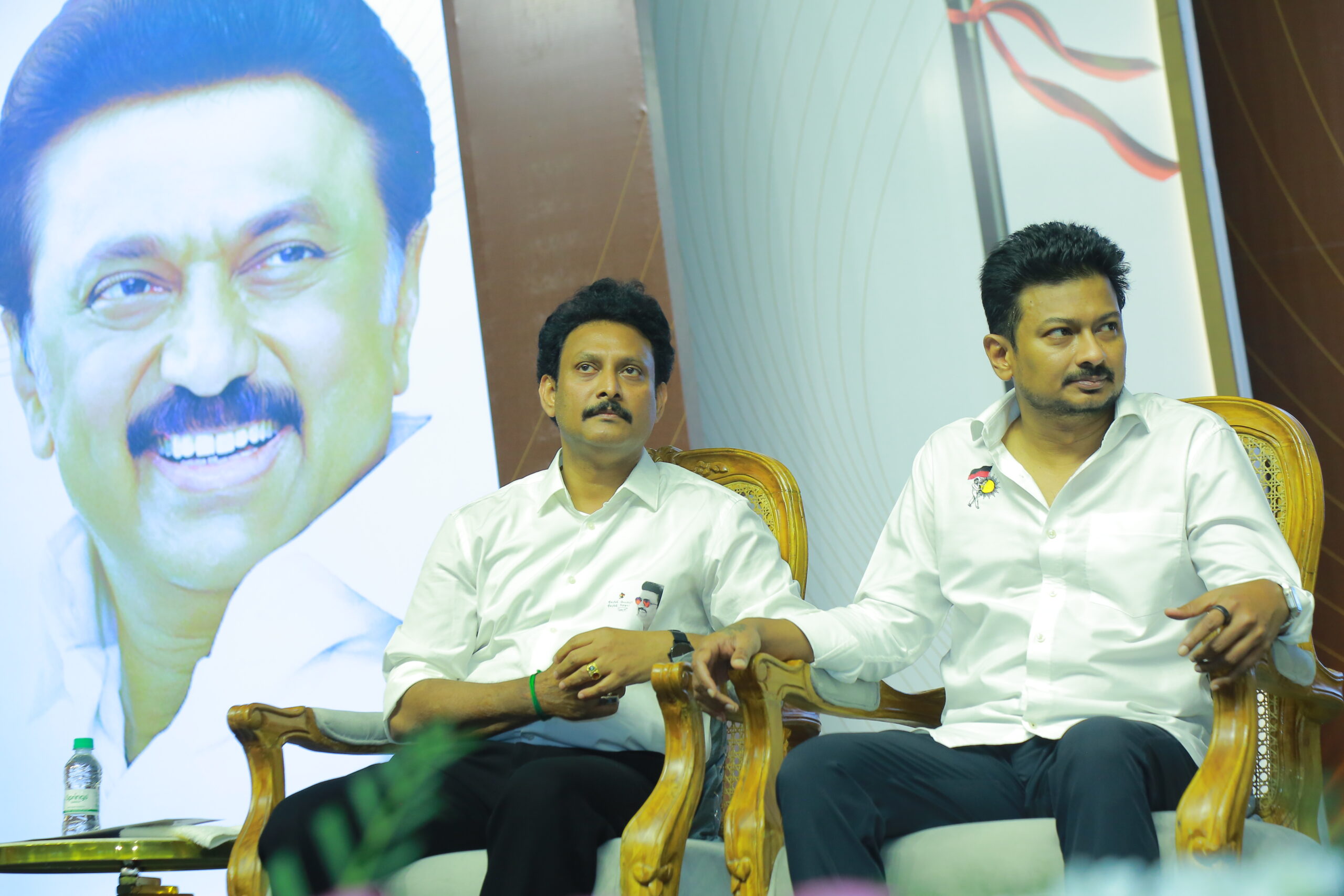 Anbil Mahesh poyyamozhi and Udhayanithi Stalin at the book release function on national Education Policy