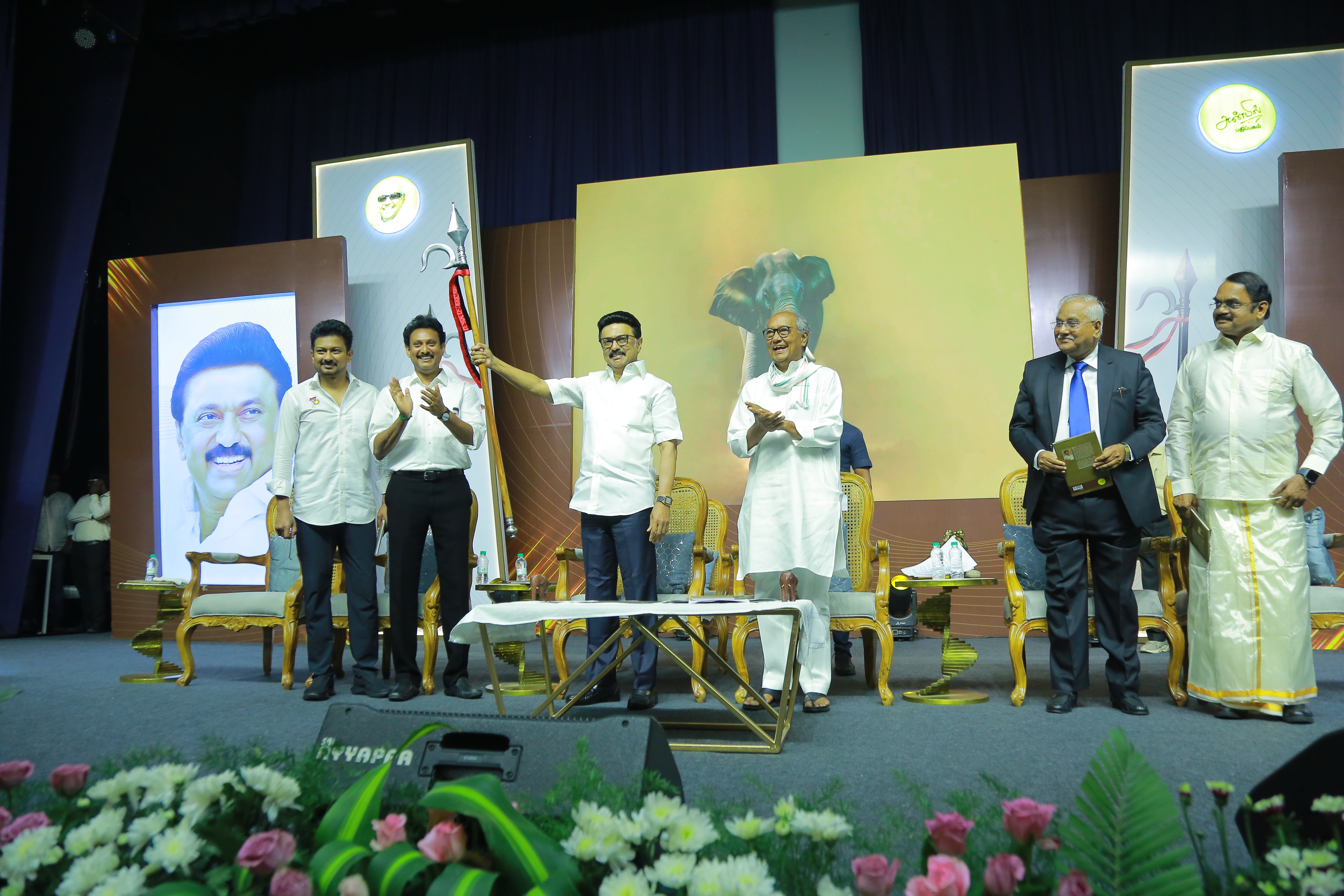 M K Stalin holding the goad