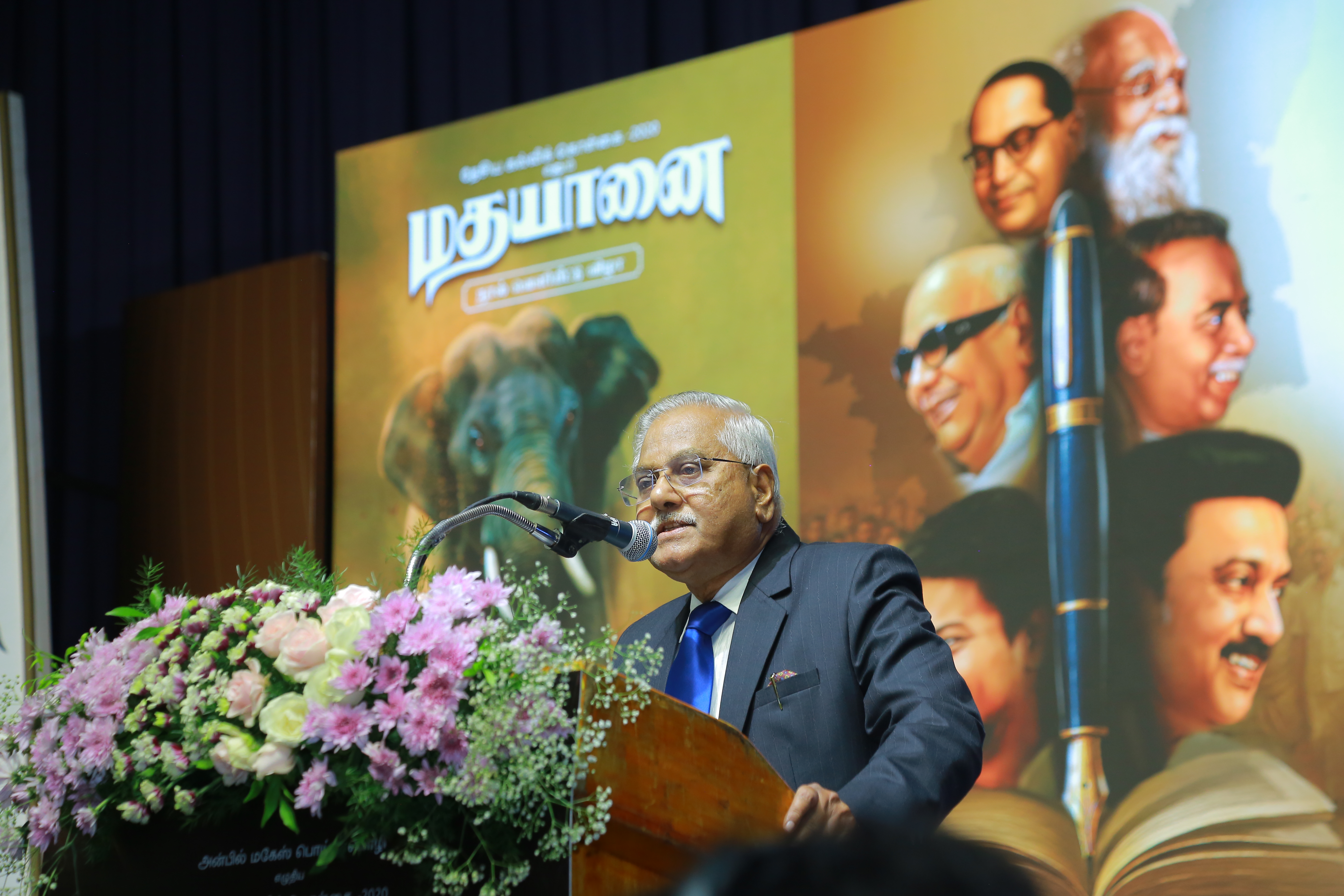 Former Supreme Court Judge V. Gopala Gowda addresses the audience at the book launch of "Madhayaanai", critiquing the centralisation of NEP 2020.
