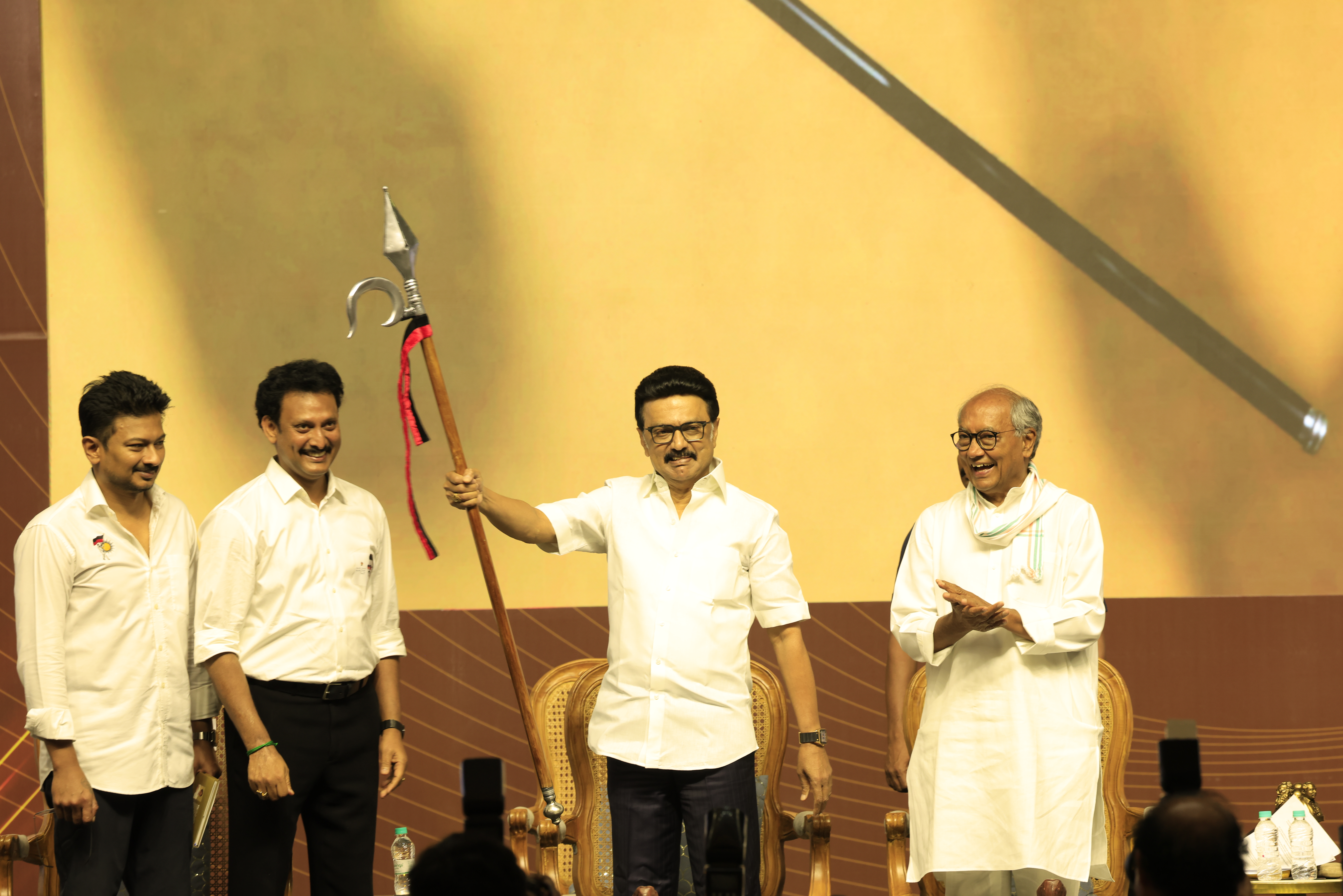 M K Stalin holding the goad