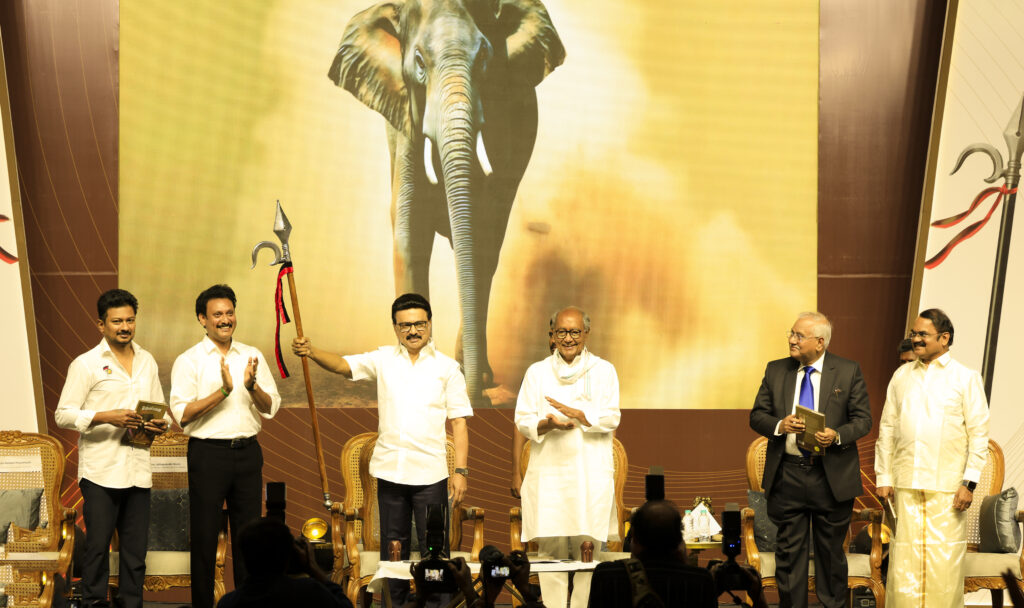 M K Stalin holding the goad