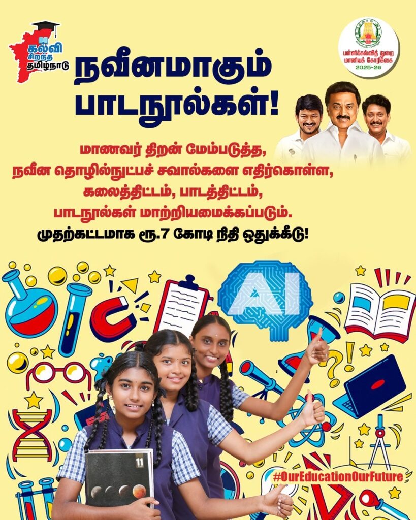 மாணவர் திறன் மேம்படுத்த, நவீன தொழில்நுட்பச் சவால்களை எதிர்கொள்ள,பாடநூல்கள் மாற்றியமைக்கமுதற்கட்டமாக ரூ.7 கோடி நிதி!