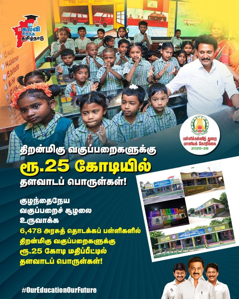 திறன்மிகு வகுப்பறைகளுக்கு ரூ.25 கோடியில் தளவாடப் பொருள்கள் என மானியகோரிக்கையில் அறிவித்தார் பள்ளிக் கல்வித்துறை அமைச்சர் அன்பில் மகேஸ் பொய்யாமொழி