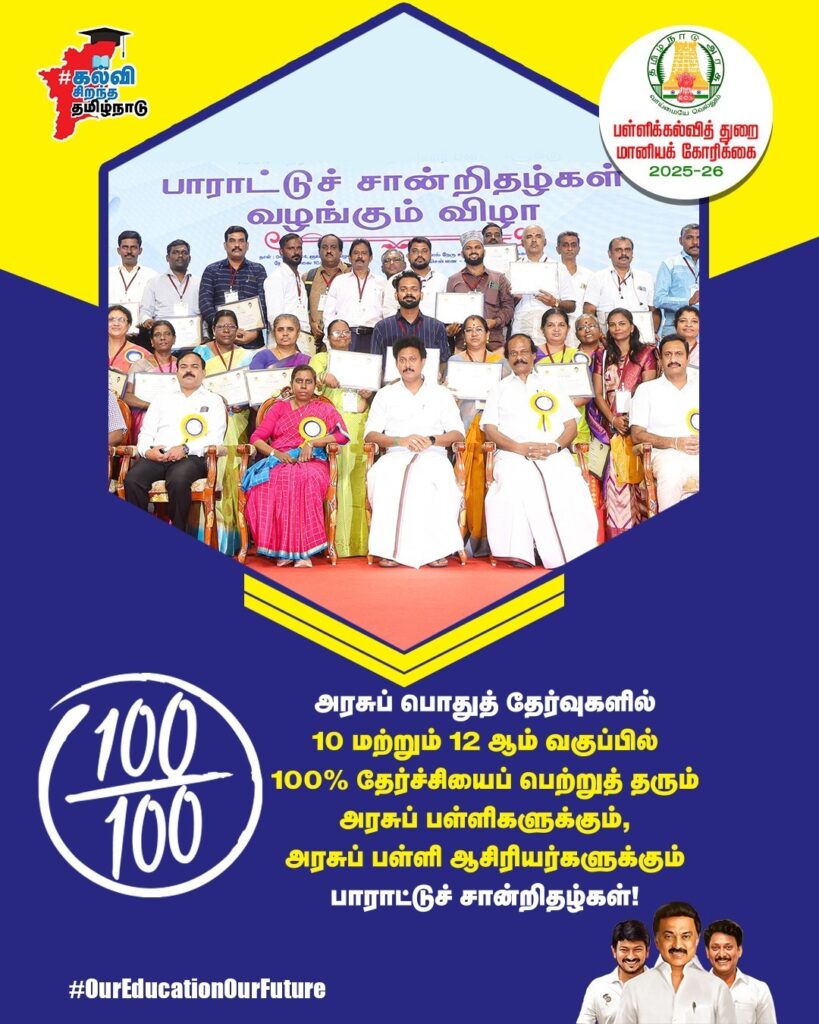 10 மற்றும் 12-ஆம் வகுப்பில் 100% தேர்ச்சியைப் பெற்றுத் தரும் அரசுப் பள்ளிகளுக்கும், அரசுப் பள்ளி ஆசிரியர்களுக்கும் பாராட்டுச் சான்றிதழ்கள் வழங்கப்படும்.