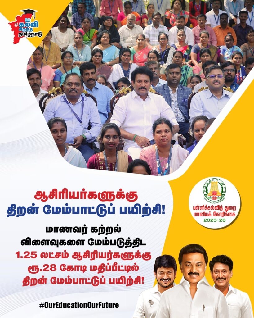 1.25 லட்சம் ஆசிரியர்களுக்குரூ.28 கோடி மதிப்பீட்டில் திறன் மேம்பாட்டுப் பயிற்சி அளிக்கப்படும் என மானியக் கோரிக்கையில் அமைச்சர் அன்பில் மகேஸ் பொய்யாமொழி அறிவித்தார்!