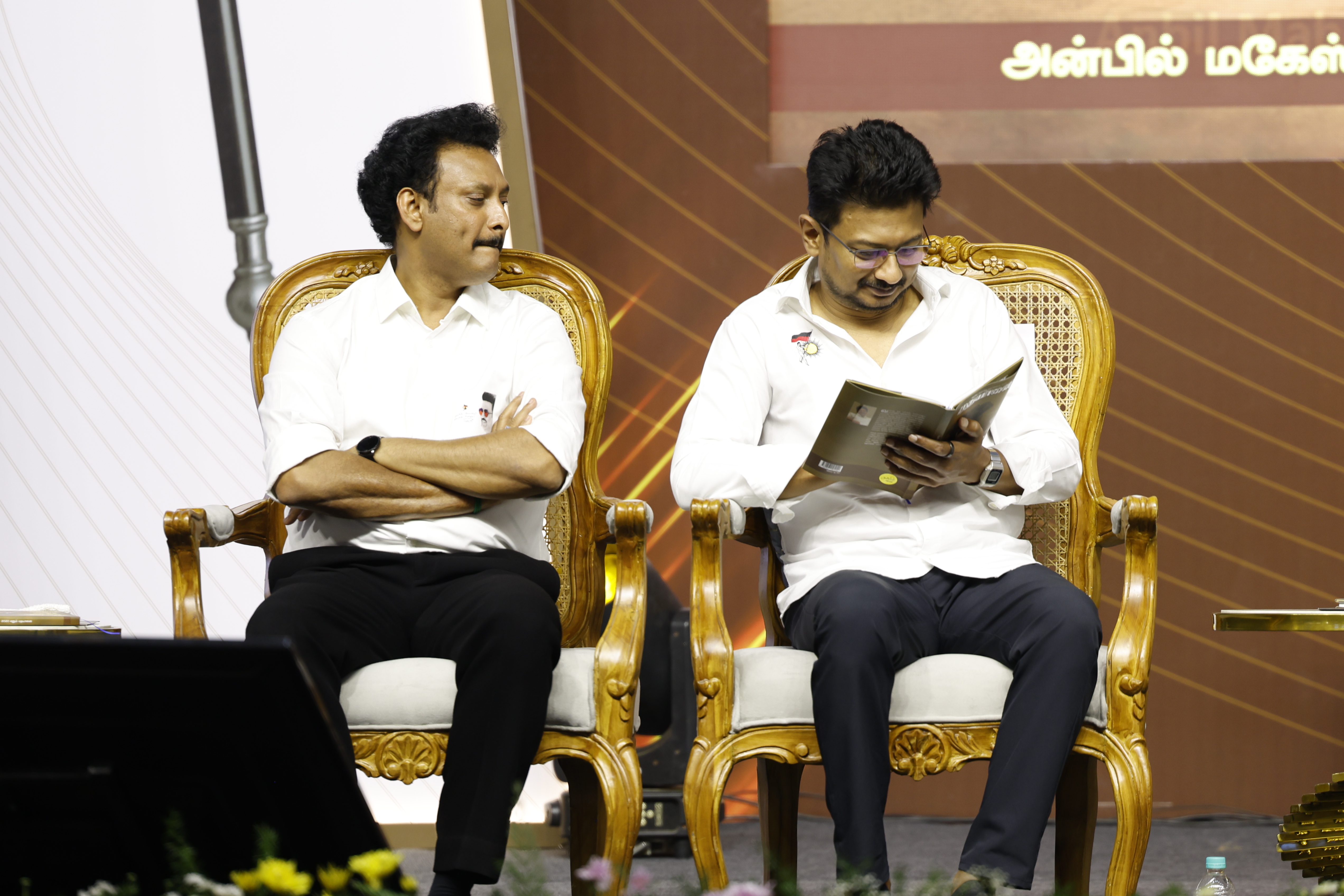 Anbil Mahesh poyyamozhi and Udhayanithi Stalin at the book release function on national Education Policy
