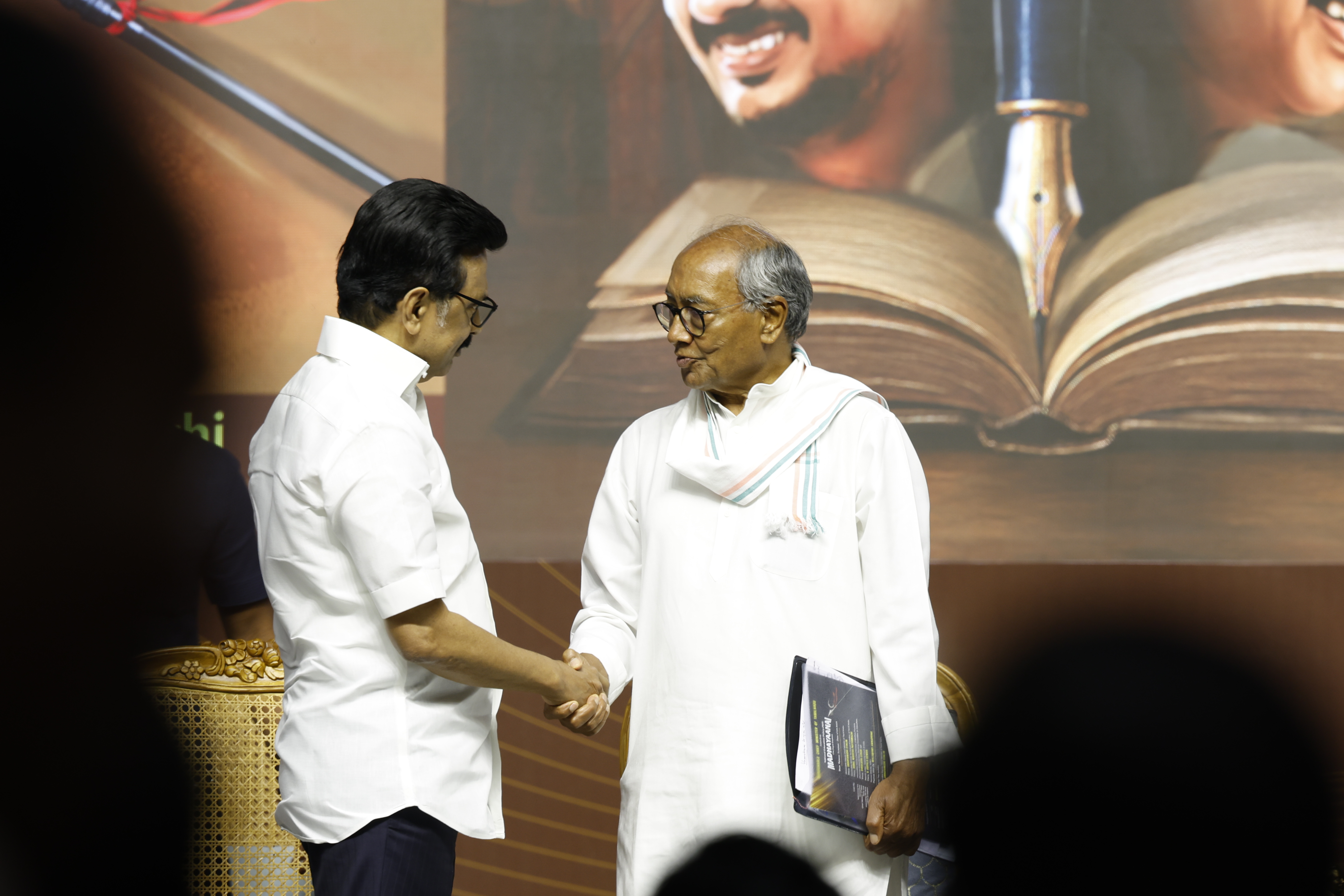 M K Stalin and Digvijaya Singh at the book release function