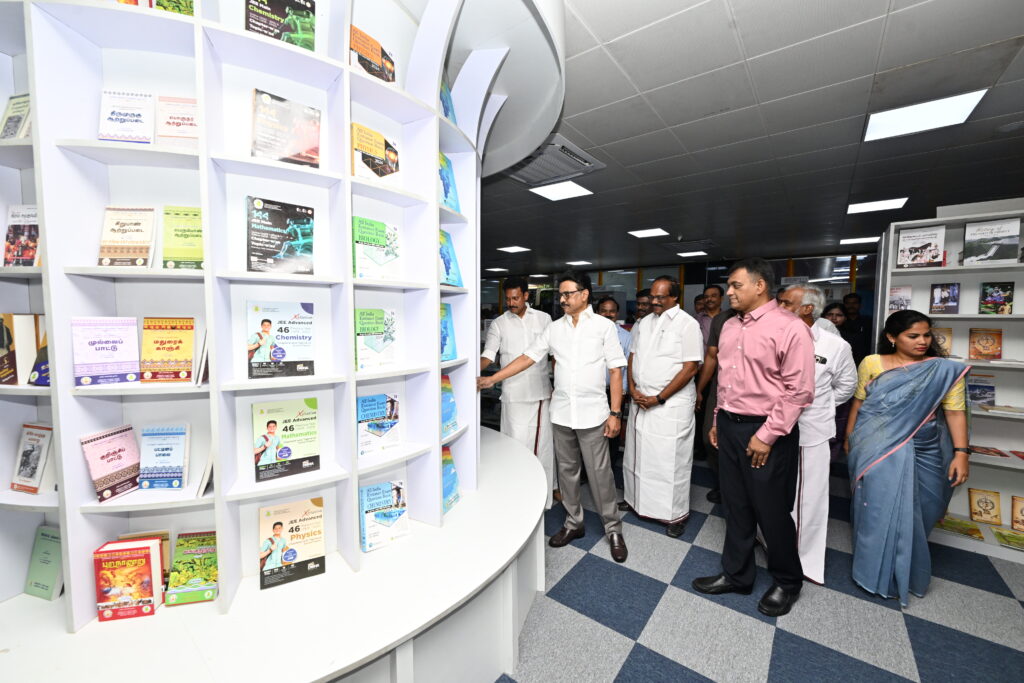 Chief Minister M K Stalin inspecting at the Book park at the Chennai Central Metro Station along with Anbil Mahesh Poyyamozhi