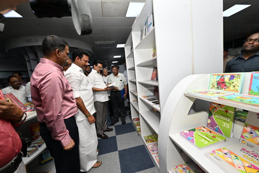 Chief Minister M K Stalin strolling through the Book park at the Chennai Central Metro Station along with Anbil Mahesh Poyyamozhi
