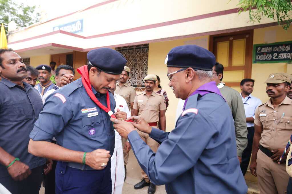 Minister Anbil Mahesh Poyyamozhi, the state president of Bharat Scouts and Guide Tamil Nadu welcomed by diginitaries