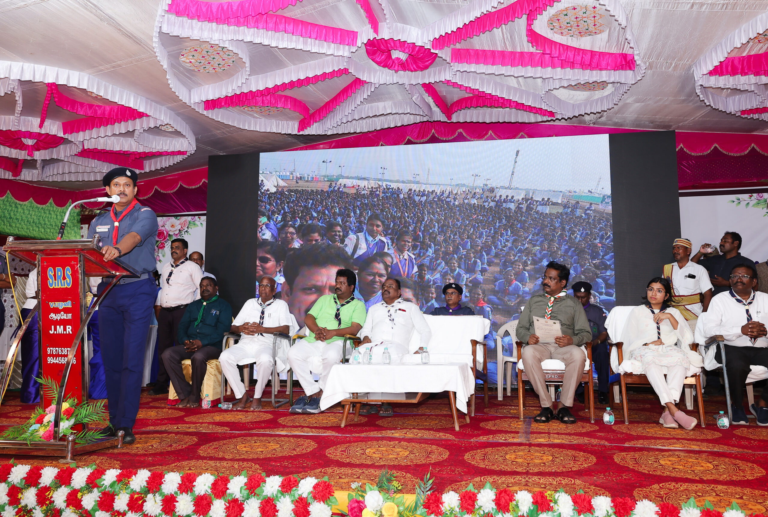 Minister Anbil Mahesh Poyyamozhi, the state president of Bharat Scouts and Guide Tamil Nadu giving then presedential speech at the Campoore organdised at Jawadhu Hills