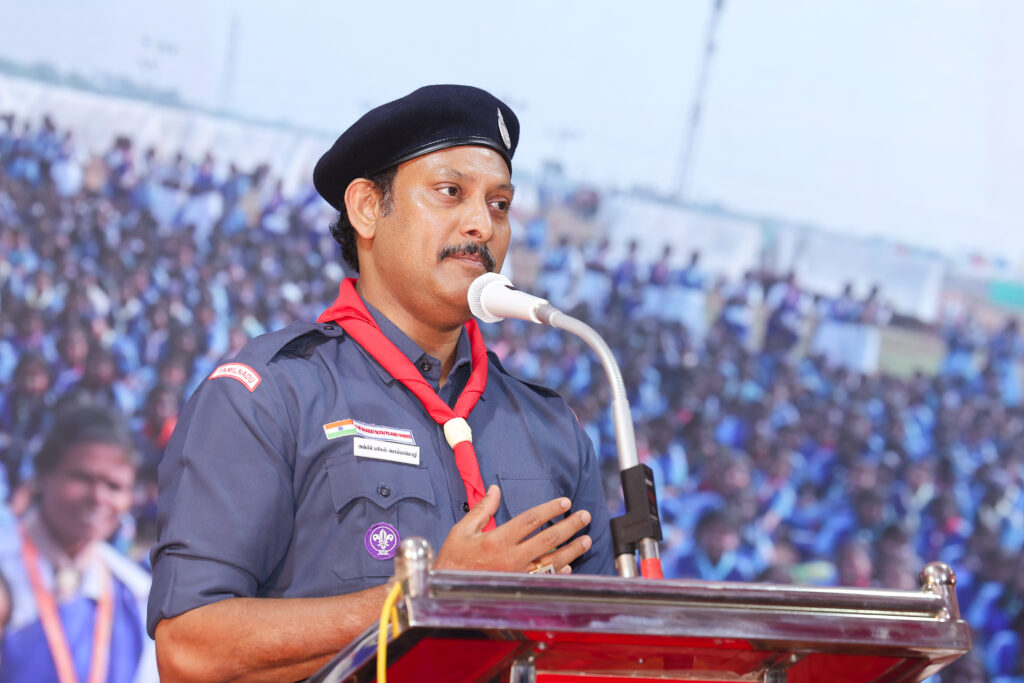 Minister Anbil Mahesh Poyyamozhi, the state president of Bharat Scouts and Guide Tamil Nadu giving then presedential speech at the Campoore organdised at Jawadhu Hills