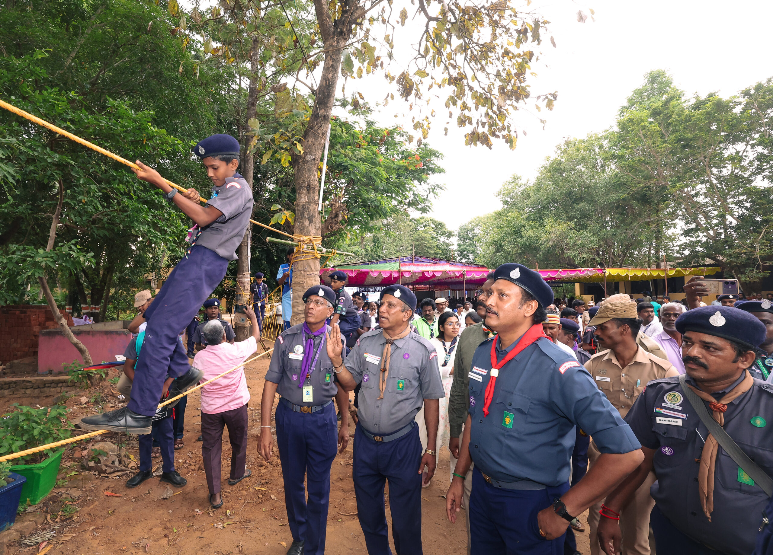 Minister Anbil Mahesh Poyyamozhi, the state president of Bharat Scouts and Guide Tamil Nadu checking the activities at camporee