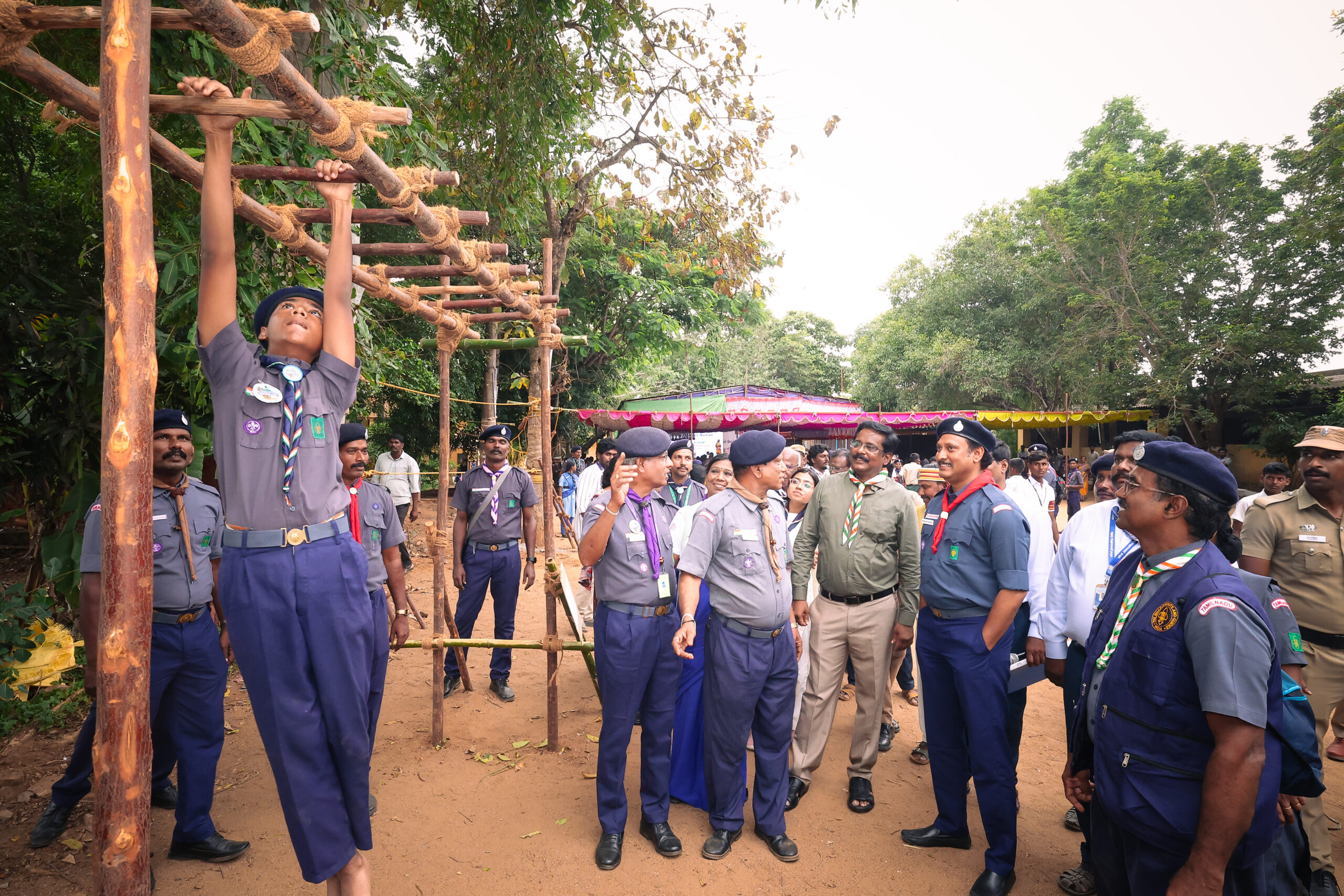 Minister Anbil Mahesh Poyyamozhi, the state president of Bharat Scouts and Guide Tamil Nadu checking the activities at camporee