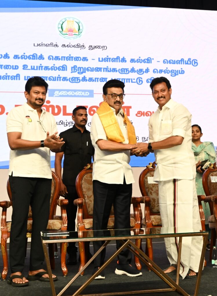 Minister Anbil Mahesh Poyyamozhi greets chief minister M K Stalin
