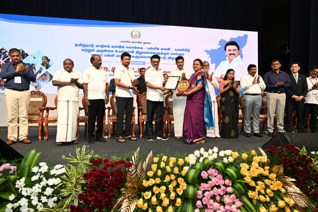 Chief Minsiter M K Stalin distributes certificates to winners in school education department event.